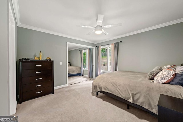 9701 Buice Rd, Alpharetta, GA 30022 - bedroom featuring ornamental molding, light carpet, baseboards, and a ceiling fan