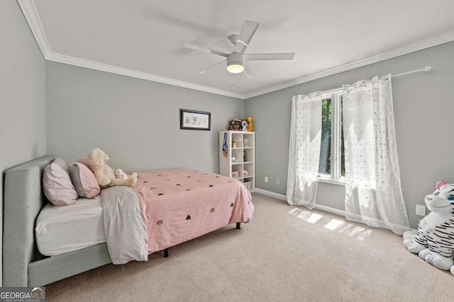 9701 Buice Rd, Alpharetta, GA 30022 - bedroom with ornamental molding, baseboards, ceiling fan, and carpet