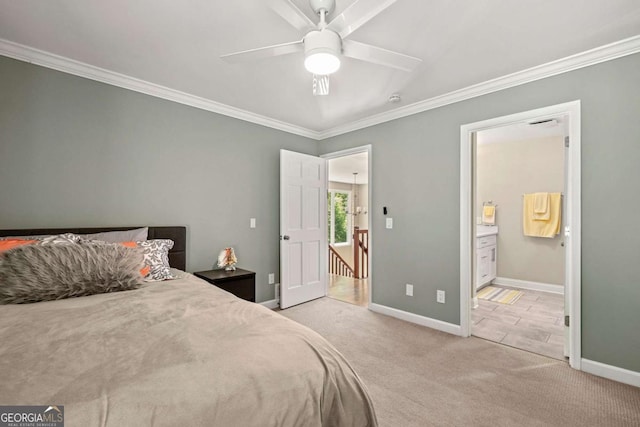 9701 Buice Rd, Alpharetta, GA 30022 - bedroom featuring light carpet, ornamental molding, baseboards, ensuite bathroom, and ceiling fan