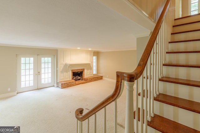 302 Brookwood Ln, Lafayette, GA 30728 - stairway featuring french doors, carpet flooring, baseboards, and ornamental molding