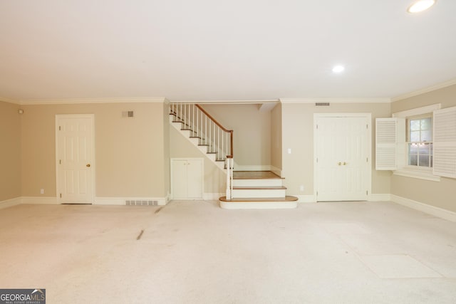 302 Brookwood Ln, Lafayette, GA 30728 - interior space featuring stairs, ornamental molding, light carpet, baseboards, and recessed lighting
