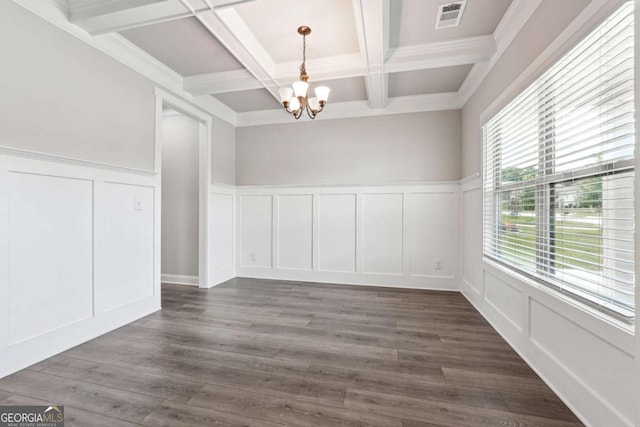 1824 Alberta Ln, Winder, GA 30680 - unfurnished dining area featuring a decorative wall, a chandelier, coffered ceiling, beamed ceiling, and dark wood-style floors