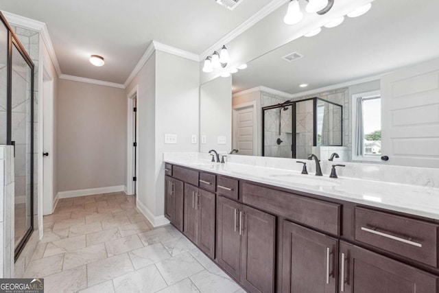 1824 Alberta Ln, Winder, GA 30680 - full bathroom with a shower stall, double vanity, baseboards, and crown molding