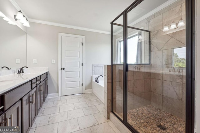 1824 Alberta Ln, Winder, GA 30680 - bathroom with double vanity, a garden tub, a stall shower, crown molding, and marble finish floors