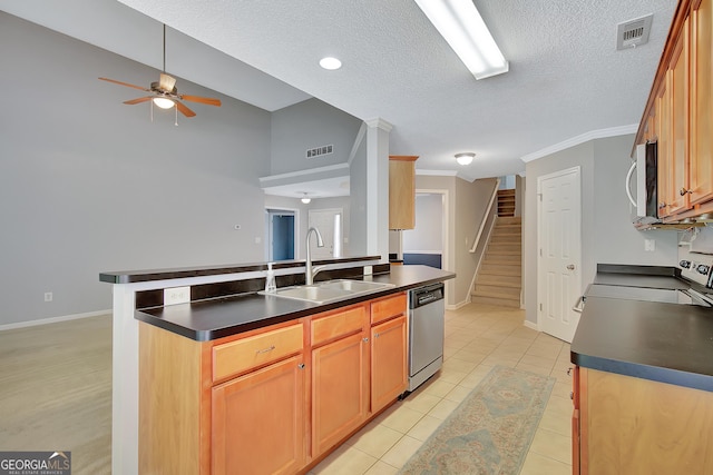 85 Parks Pl, Sharpsburg, GA 30277 - kitchen with a sink, stainless steel appliances, dark countertops, a ceiling fan, and a textured ceiling