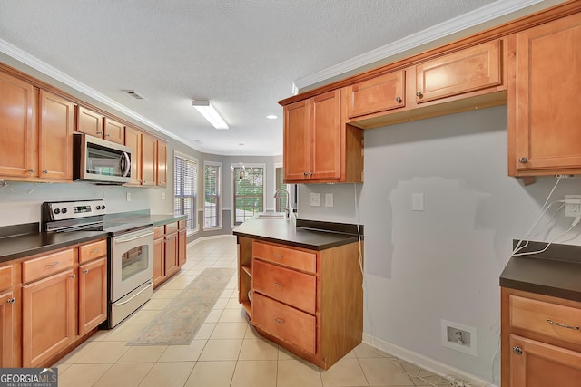 85 Parks Pl, Sharpsburg, GA 30277 - kitchen with stainless steel appliances, dark countertops, ornamental molding, brown cabinetry, and light tile patterned flooring