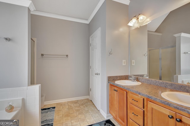 85 Parks Pl, Sharpsburg, GA 30277 - bathroom with a stall shower, crown molding, a bath, double vanity, and baseboards
