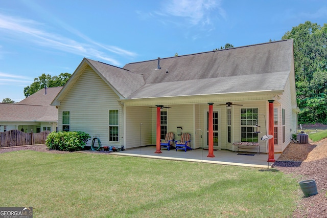 85 Parks Pl, Sharpsburg, GA 30277 - rear view of house with a ceiling fan, a patio area, a shingled roof, and central air condition unit