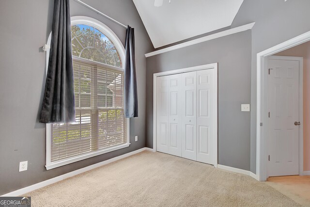 85 Parks Pl, Sharpsburg, GA 30277 - unfurnished bedroom with carpet, multiple windows, baseboards, a closet, and lofted ceiling