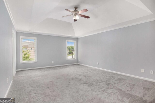 2023 Arbor Springs Way, Buford, GA 30519 - carpeted spare room with a ceiling fan, a raised ceiling, crown molding, and lofted ceiling
