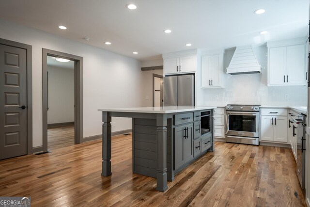 215 Holman Ave, Athens, GA 30606 - kitchen featuring stainless steel appliances, custom range hood, light wood finished floors, white cabinets, and light countertops
