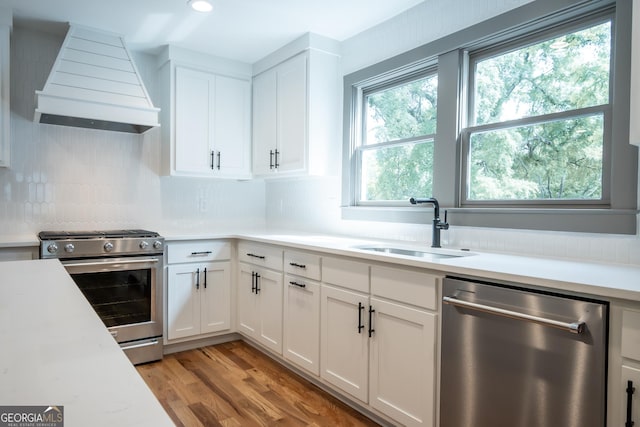 215 Holman Ave, Athens, GA 30606 - kitchen with stainless steel appliances, custom exhaust hood, a sink, light wood-style flooring, and light countertops