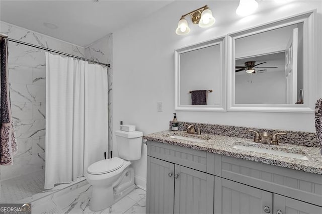 2912 Palm Dr, East Point, GA 30344 - bathroom with marble finish floors, double vanity, toilet, ceiling fan, and curtained shower