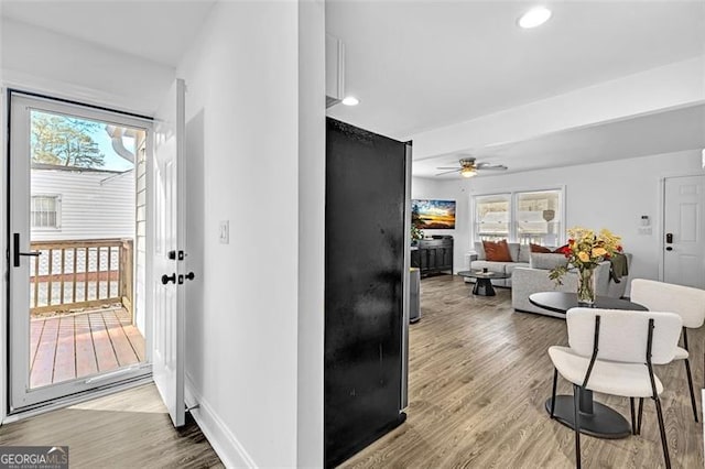 2912 Palm Dr, East Point, GA 30344 - entryway featuring wood finished floors, healthy amount of natural light, a ceiling fan, recessed lighting, and baseboards