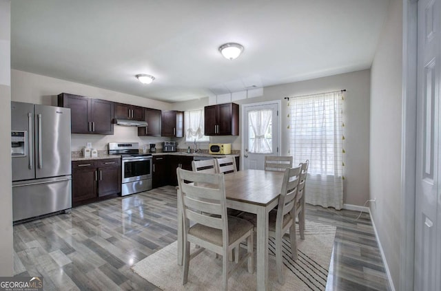 230 Louise Ln, Calhoun, GA 30701 - kitchen featuring appliances with stainless steel finishes, dark brown cabinetry, under cabinet range hood, and light wood-style flooring