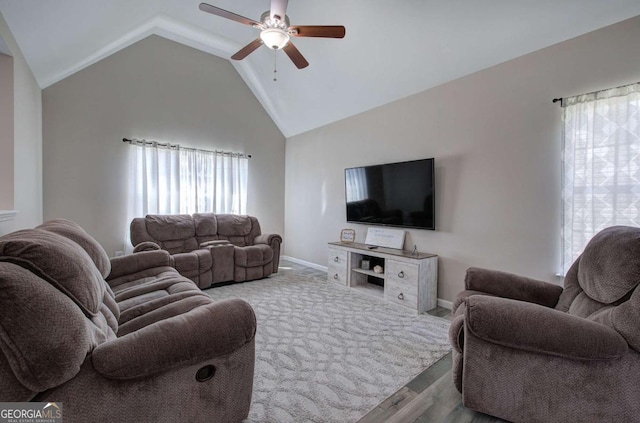 230 Louise Ln, Calhoun, GA 30701 - living room featuring ceiling fan, lofted ceiling, and wood finished floors