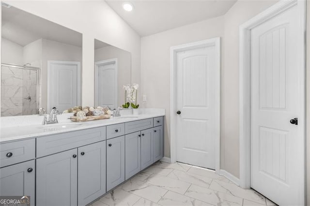361 Traditions Ln, Hampton, GA 30228 - full bathroom featuring marble look tiles, double vanity, a shower stall, recessed lighting, and baseboards