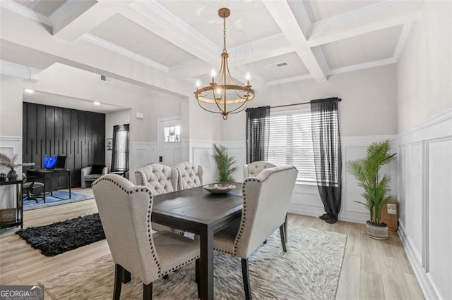 361 Traditions Ln, Hampton, GA 30228 - dining space featuring coffered ceiling, a decorative wall, a chandelier, beam ceiling, and light wood-style flooring