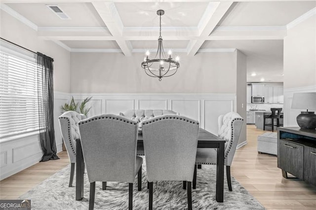 361 Traditions Ln, Hampton, GA 30228 - dining space featuring a chandelier, light wood-style floors, coffered ceiling, beamed ceiling, and a decorative wall