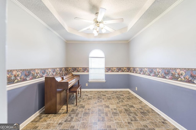 322 Smithville Church Rd, Warner Robins, GA 31088 - home office featuring a raised ceiling, a textured ceiling, a ceiling fan, and crown molding