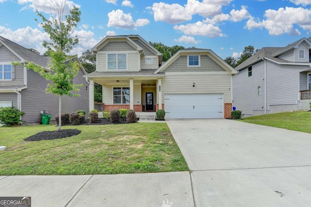 7760 Hansel Ln, Lithonia, GA 30058 - craftsman-style house with brick siding, covered porch, a front lawn, driveway, and a garage