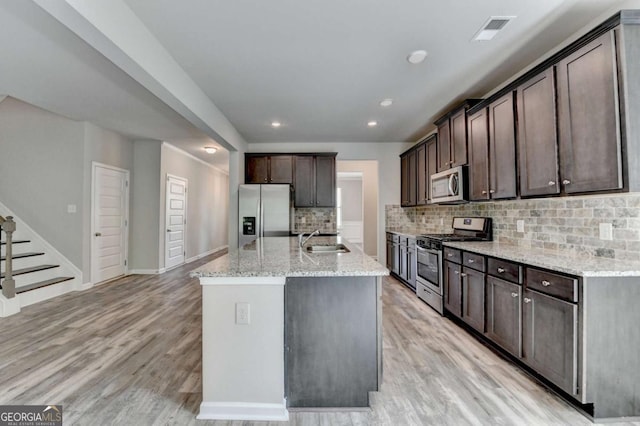 7760 Hansel Ln, Lithonia, GA 30058 - kitchen featuring stainless steel appliances, a sink, backsplash, dark brown cabinets, and recessed lighting