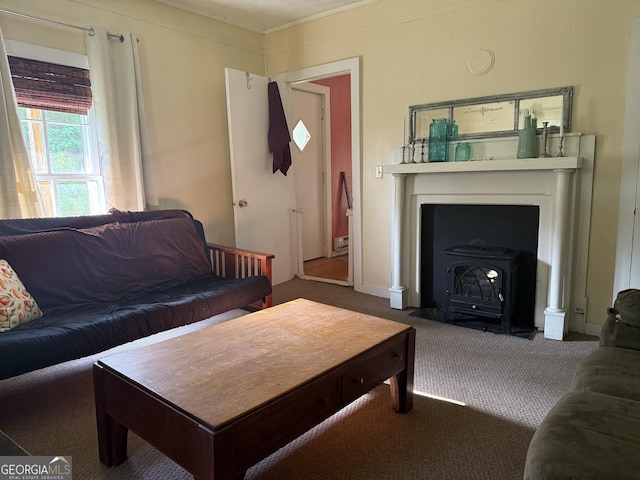 7779 Mill St SW, Cave Spring, GA 30124 - carpeted living room with a wood stove and crown molding