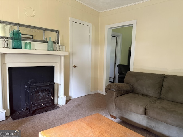7779 Mill St SW, Cave Spring, GA 30124 - living area with carpet floors, a wood stove, and crown molding