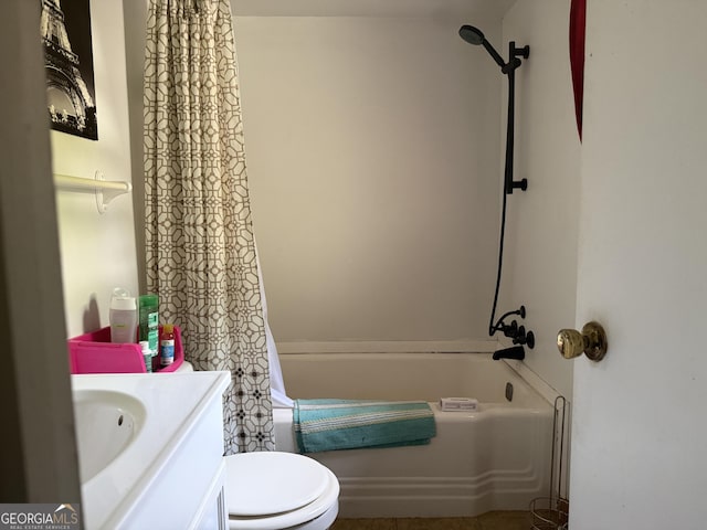 7779 Mill St SW, Cave Spring, GA 30124 - bathroom featuring toilet, vanity, and shower / bath combination with curtain
