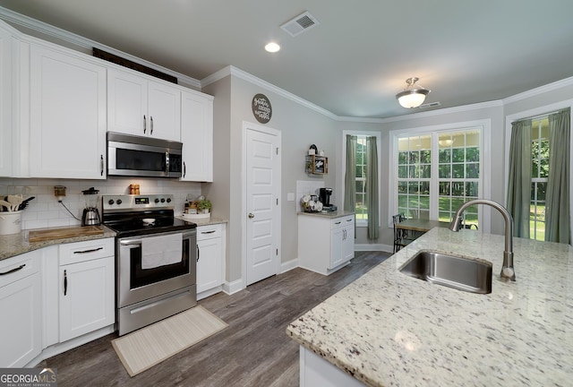 433 Wilson Dr, Mcdonough, GA 30252 - kitchen with appliances with stainless steel finishes, ornamental molding, decorative backsplash, light stone counters, and dark wood-style floors