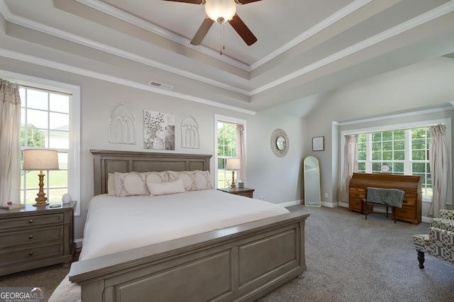 433 Wilson Dr, Mcdonough, GA 30252 - carpeted bedroom featuring a raised ceiling, ornamental molding, and a ceiling fan