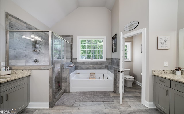 433 Wilson Dr, Mcdonough, GA 30252 - bathroom with vanity, a bath, a stall shower, and vaulted ceiling