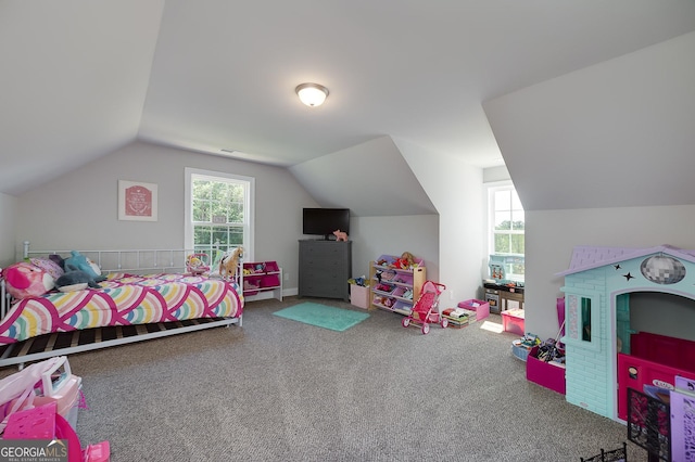433 Wilson Dr, Mcdonough, GA 30252 - bedroom with lofted ceiling and carpet floors