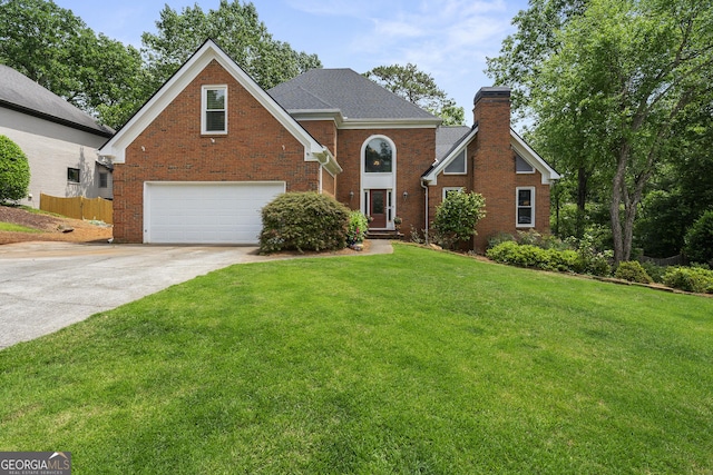1703 Brandywine Ct, Dunwoody, GA 30338 - traditional-style home with an attached garage, driveway, brick siding, and a front lawn