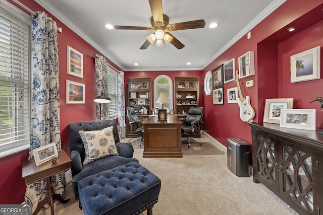 1703 Brandywine Ct, Dunwoody, GA 30338 - office featuring plenty of natural light, carpet floors, recessed lighting, ceiling fan, and crown molding