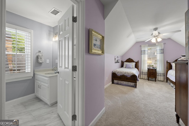 1703 Brandywine Ct, Dunwoody, GA 30338 - bedroom with lofted ceiling, light marble finish floors, and ceiling fan