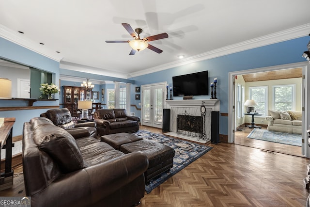 1703 Brandywine Ct, Dunwoody, GA 30338 - living room with a chandelier, ceiling fan, ornamental molding, healthy amount of natural light, and a fireplace