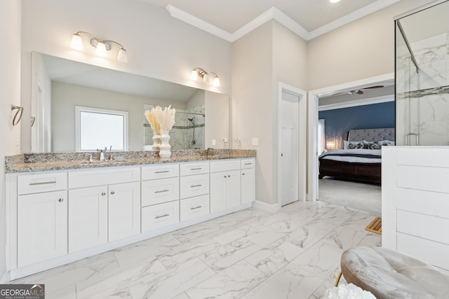 3998 Commodore Dr, Atlanta, GA 30341 - bathroom featuring a marble finish shower, ensuite bathroom, double vanity, ornamental molding, and marble finish floors