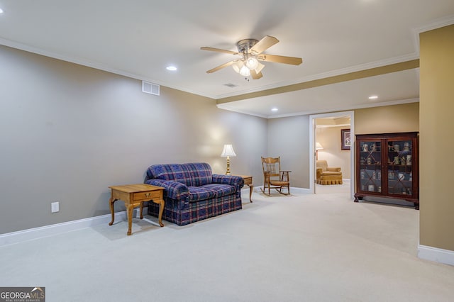 1621 White Oak Cv, Loganville, GA 30052 - living area with a ceiling fan, crown molding, carpet flooring, baseboards, and recessed lighting