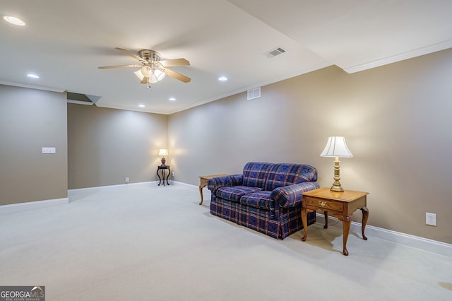 1621 White Oak Cv, Loganville, GA 30052 - sitting room with crown molding, ceiling fan, carpet flooring, recessed lighting, and baseboards