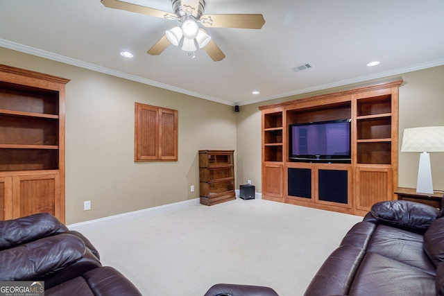 1621 White Oak Cv, Loganville, GA 30052 - carpeted living area featuring recessed lighting, crown molding, baseboards, and a ceiling fan