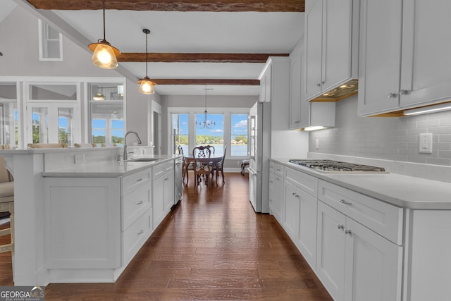 406 Vanderbilt Pkwy, Newnan, GA 30265 - kitchen featuring a sink, appliances with stainless steel finishes, dark wood-type flooring, beamed ceiling, and a chandelier