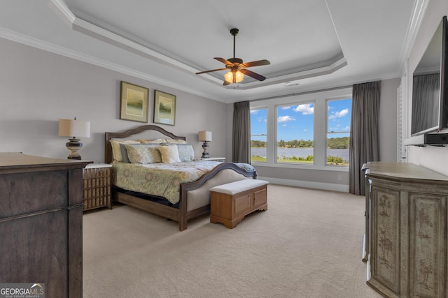 406 Vanderbilt Pkwy, Newnan, GA 30265 - bedroom with a tray ceiling, light carpet, ornamental molding, a ceiling fan, and baseboards