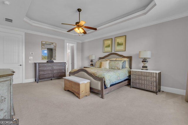 406 Vanderbilt Pkwy, Newnan, GA 30265 - bedroom featuring a raised ceiling, light carpet, ornamental molding, and baseboards