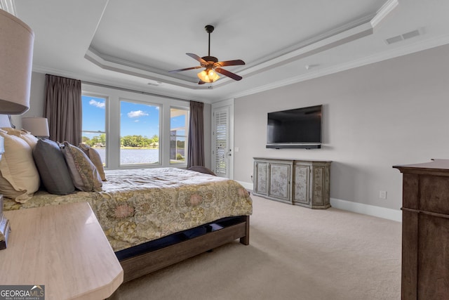 406 Vanderbilt Pkwy, Newnan, GA 30265 - bedroom featuring a raised ceiling, access to exterior, carpet, baseboards, and ornamental molding
