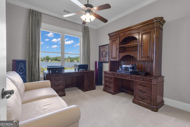 406 Vanderbilt Pkwy, Newnan, GA 30265 - home office with crown molding, ceiling fan, and light colored carpet