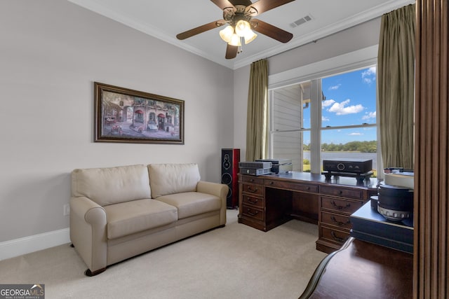 406 Vanderbilt Pkwy, Newnan, GA 30265 - office featuring light carpet, crown molding, a ceiling fan, and baseboards