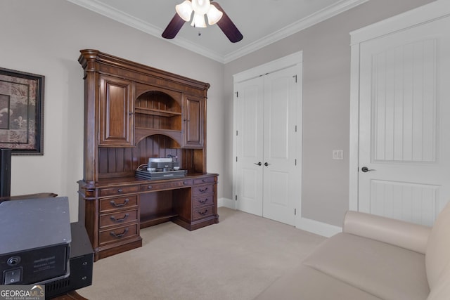 406 Vanderbilt Pkwy, Newnan, GA 30265 - home office featuring ceiling fan, light carpet, ornamental molding, and baseboards