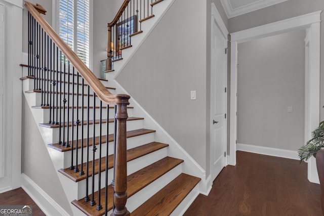 406 Vanderbilt Pkwy, Newnan, GA 30265 - stairs featuring wood finished floors, baseboards, and ornamental molding