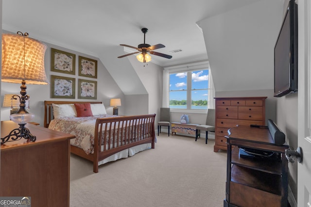 406 Vanderbilt Pkwy, Newnan, GA 30265 - bedroom with vaulted ceiling, carpet flooring, and a ceiling fan